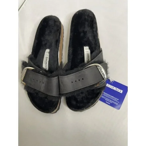 Birkenstock Madrid Big Buckle Black Oiled Leather Shearling Size 37 6 Narrow New
